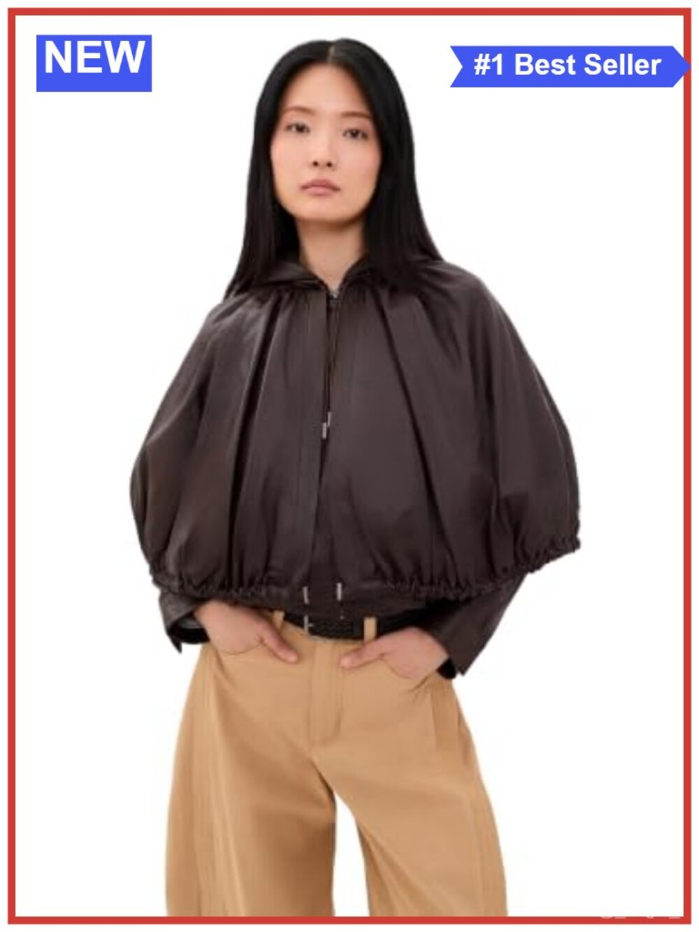 Lambskin Leather Cape Jacket Zip Front Snap Cuffs